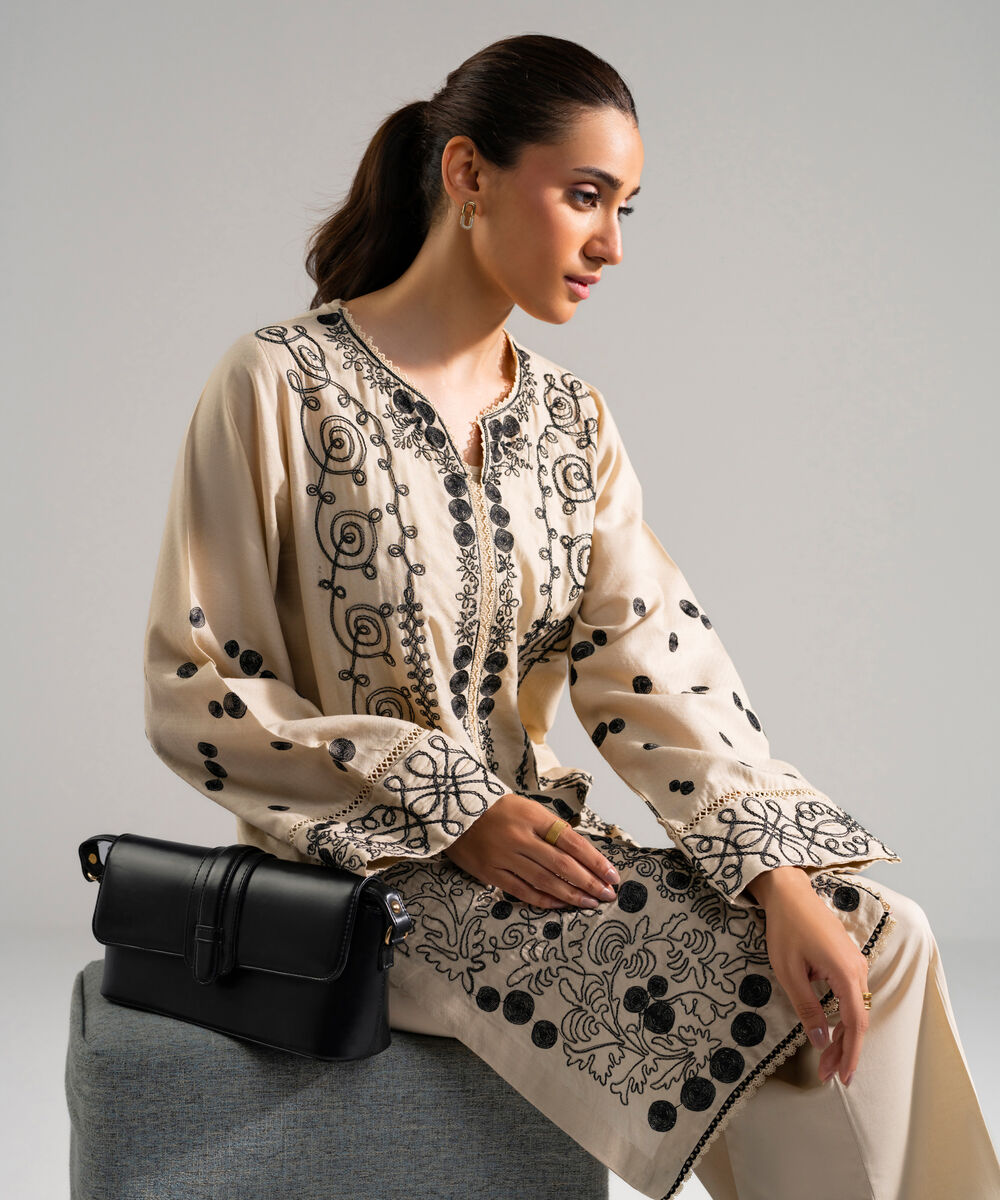 Women's RTW Dobby Embroidered Beige 2 Piece Suit