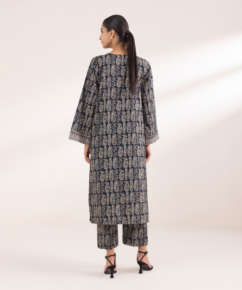 Women's Pret Printed Embroidered Navy Blue Light Khaddar A Line Shirt
