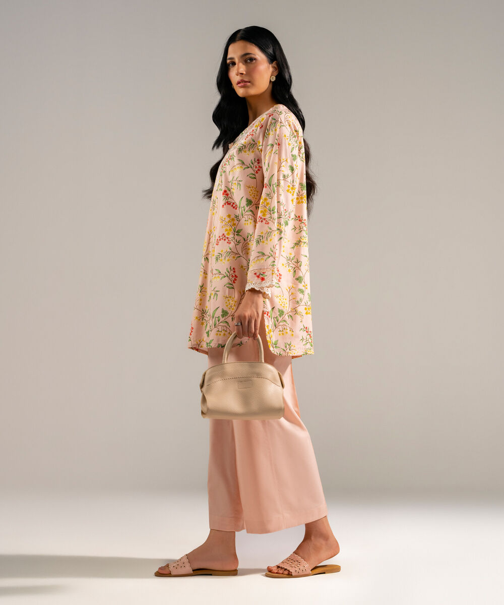 Women's RTW Cotton Viscose Embroidered Peach Straight Shirt