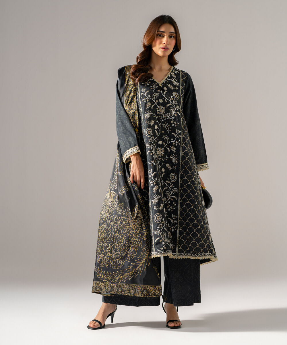 Women's RTW Blended tissue Printed Black Dupatta