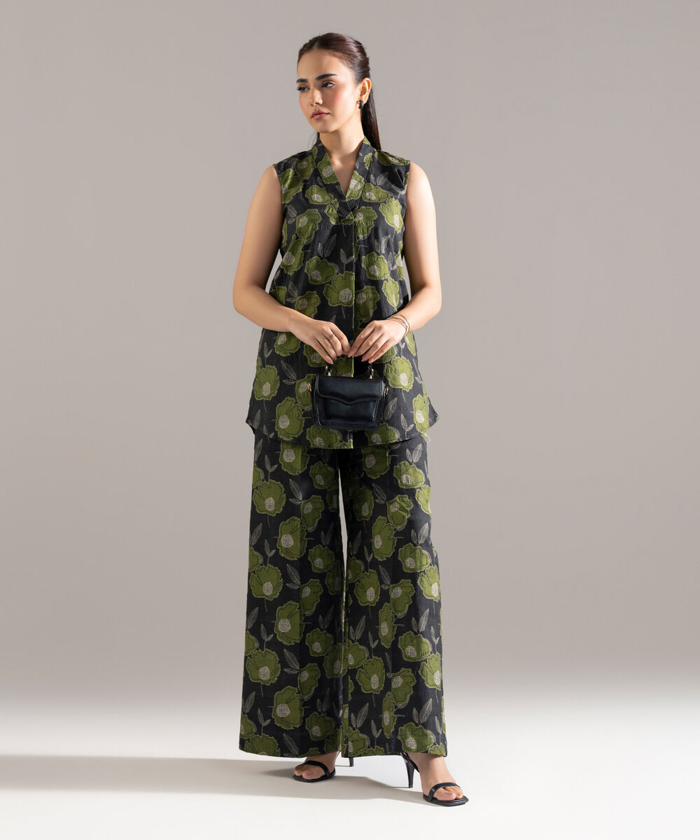 Women's RTW Seersucker Printed Black 2 Piece Suit
