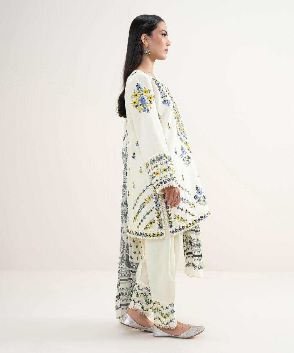 Women's RTW Zari Lawn Embroidered Off White 3 Piece Suit