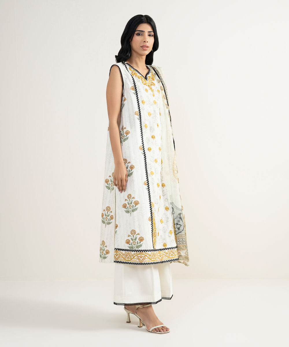 Women's RTW Cotton Embroidered White 3 Piece Suit