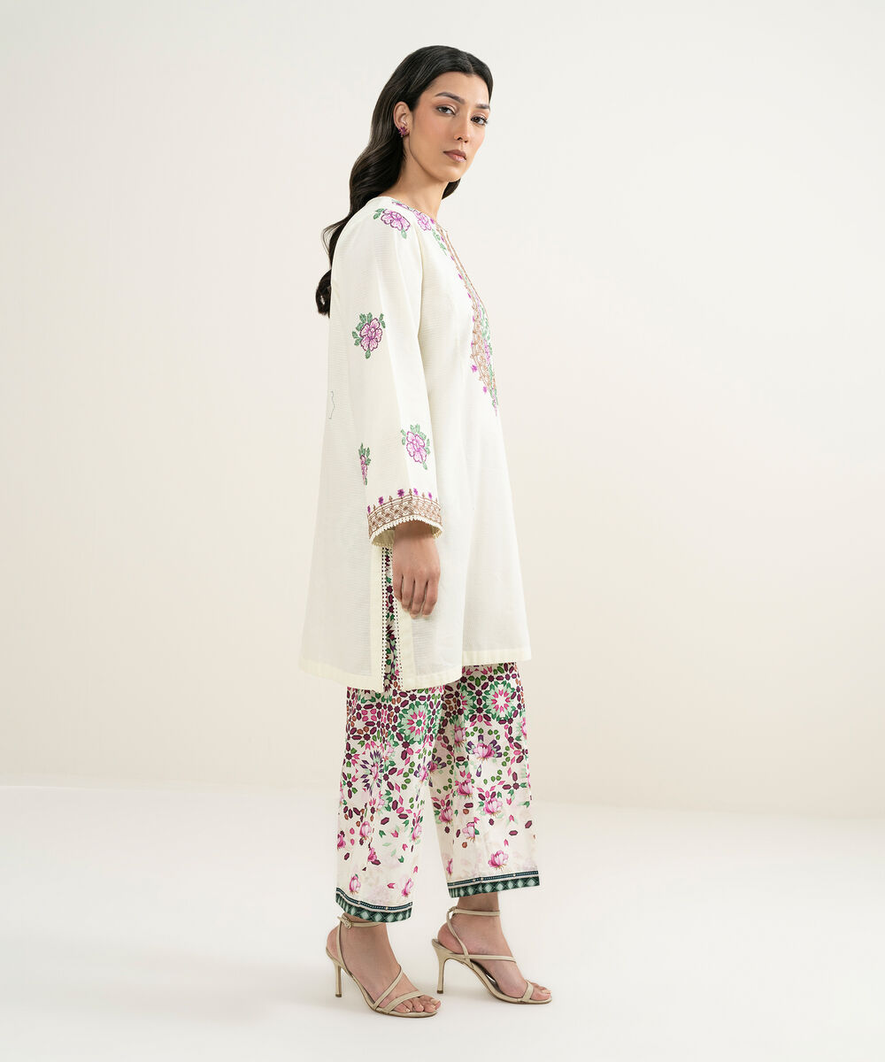 Women's RTW Dobby Embroidered Off White Straight Shirt