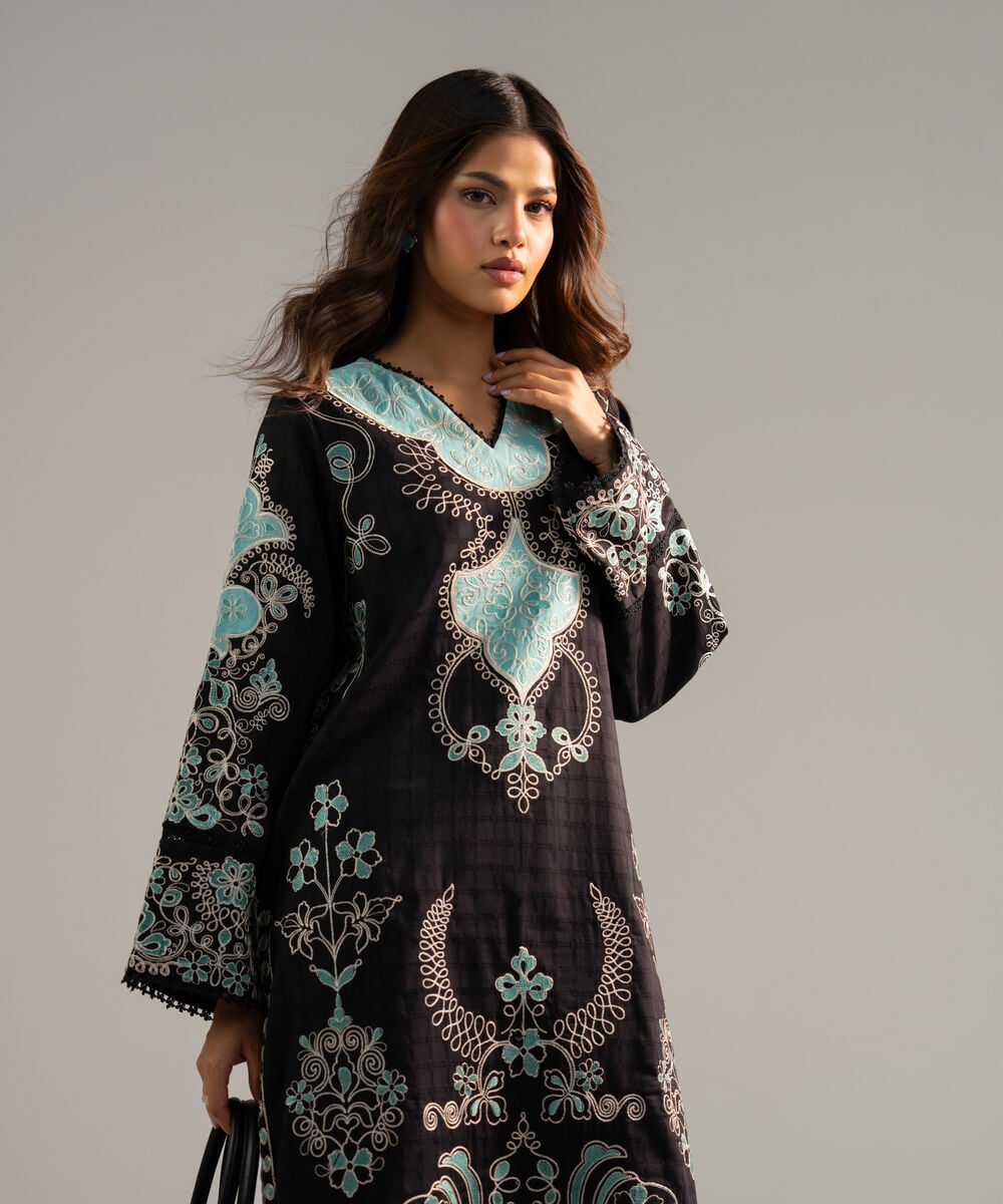 Women's RTW Dobby Embroidered Black A-Line Shirt