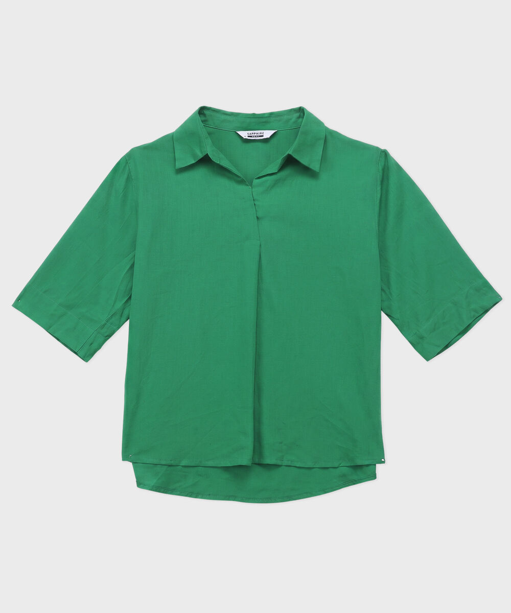 Women's Western Green Linen Blend V-Neck  Top