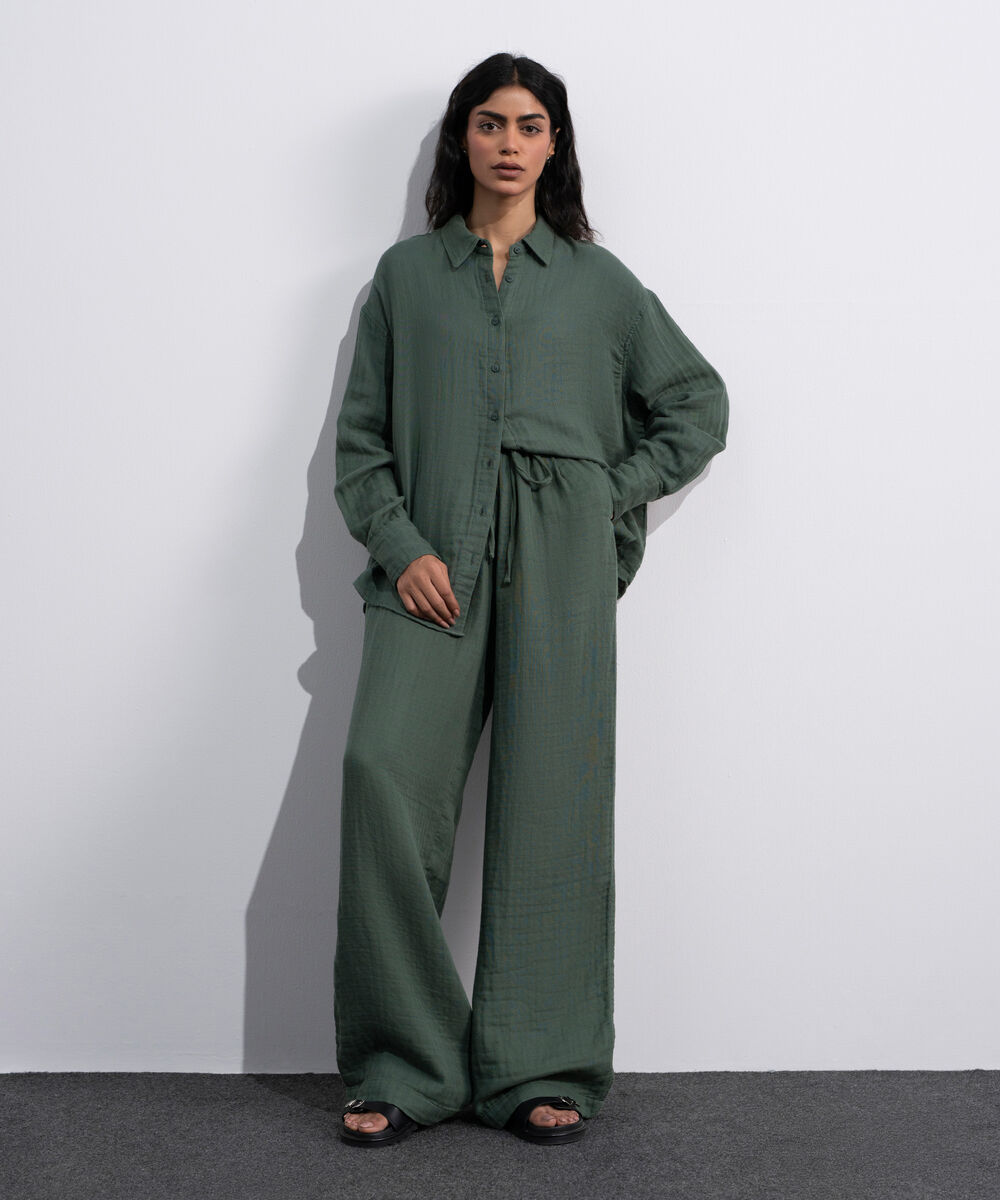 Women's Green Pleated Muslin Trousers