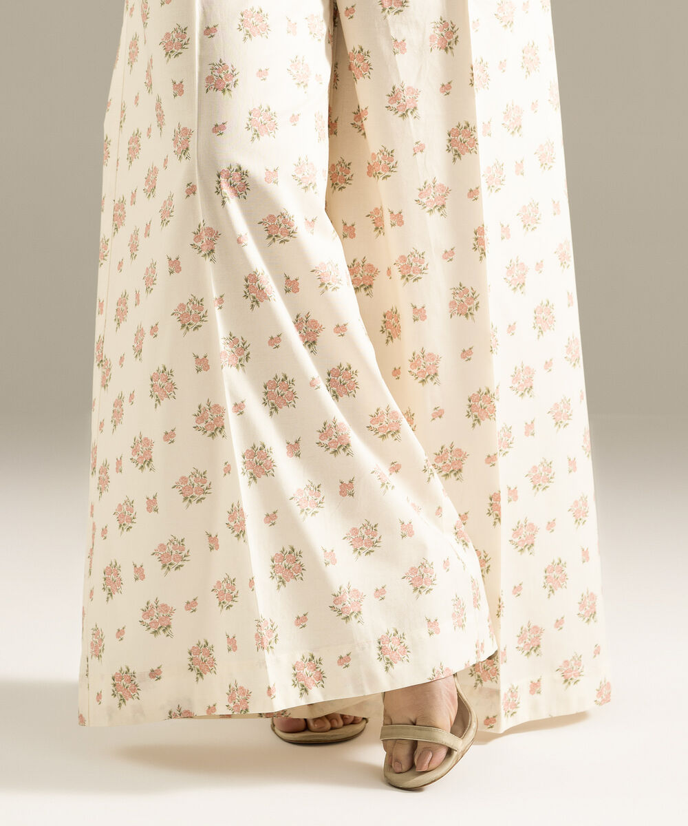 Women's RTW Cambric Printed Off White Flared Pants