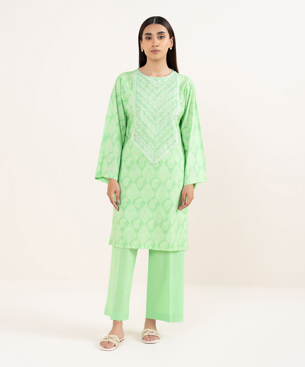 Women's RTW Lawn Green  Embroidered Straight Shirt