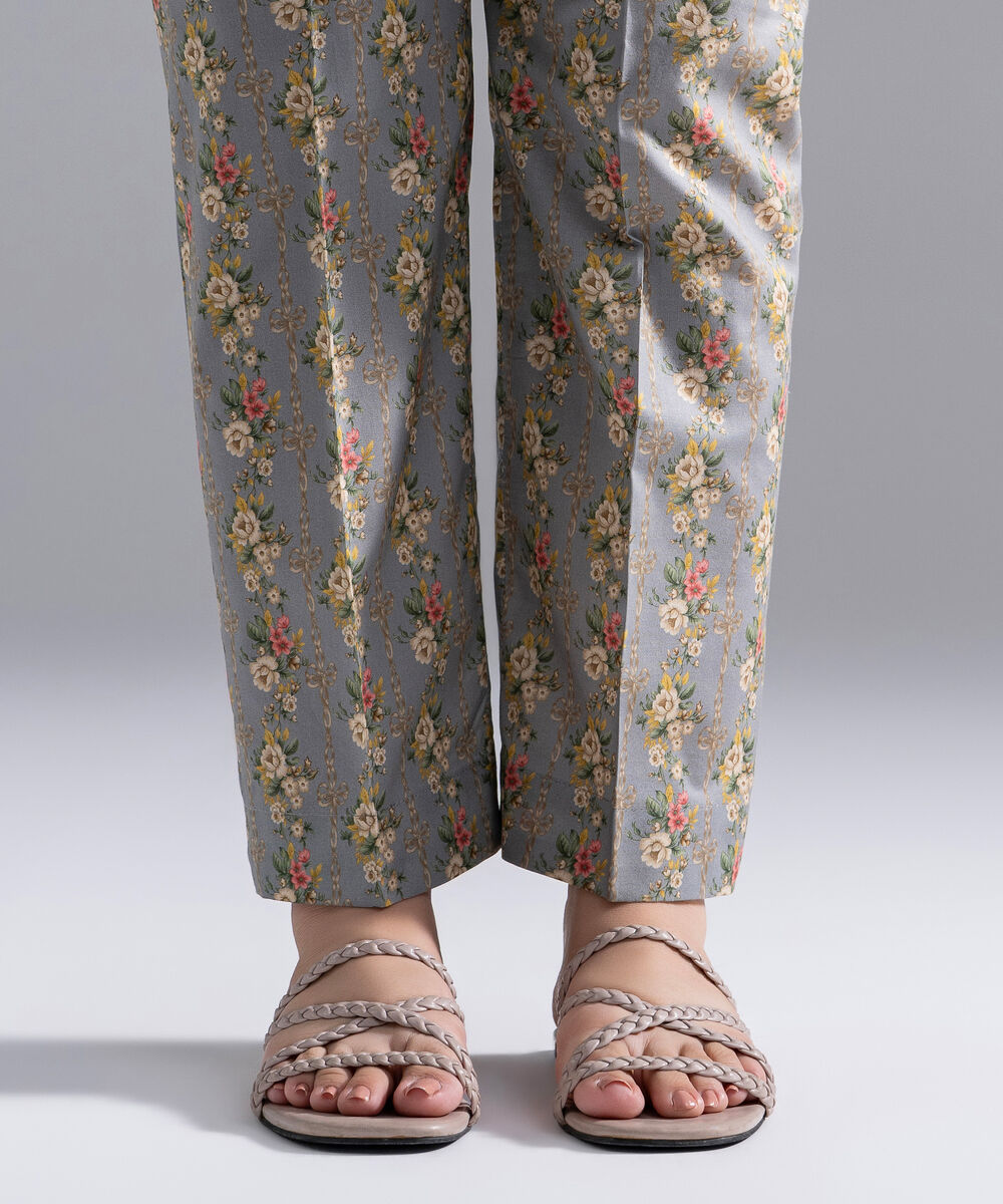 Women's RTW Cambric Printed Grey Straight Pants