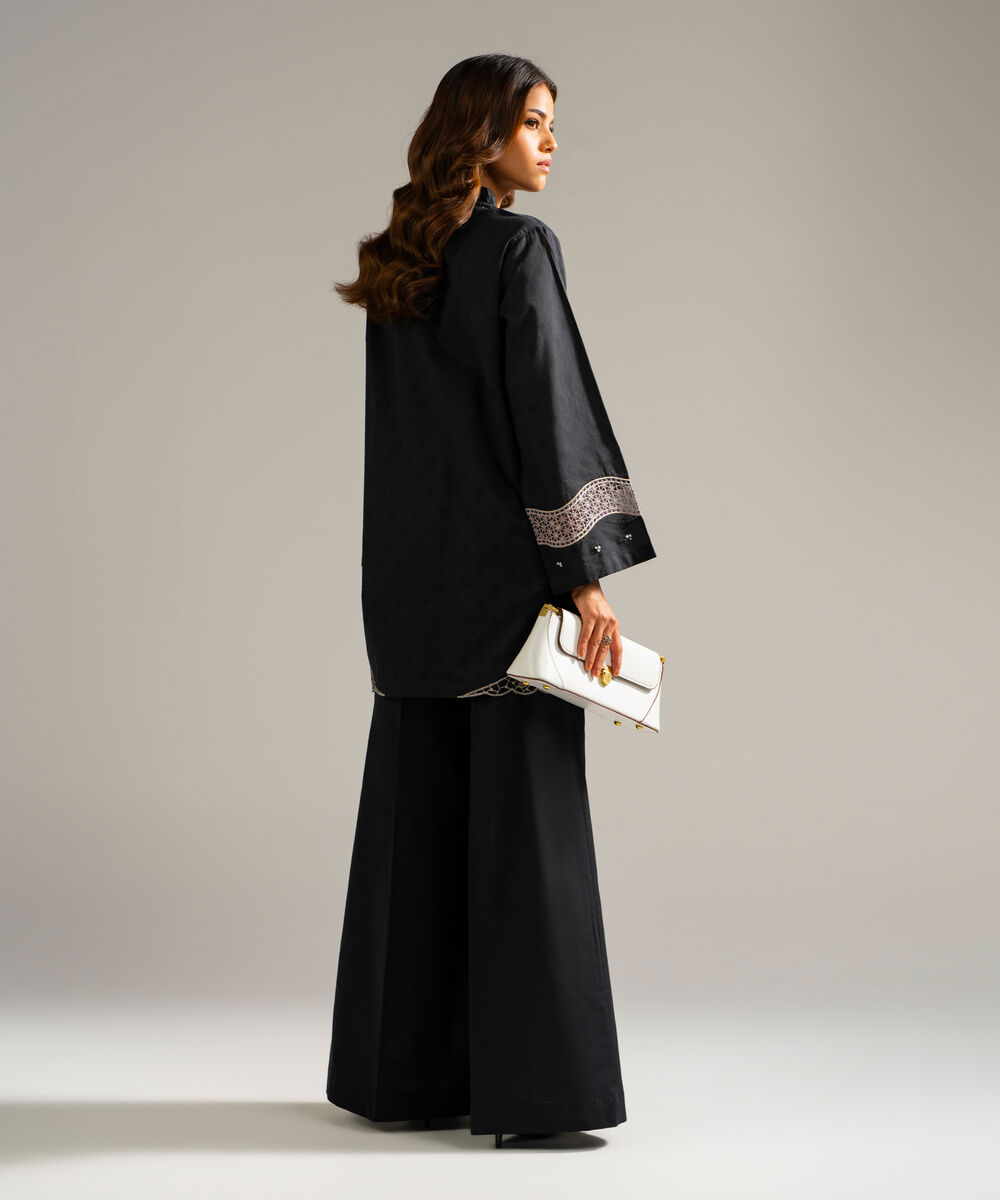 Women's RTW Self Jacquard Embroidered Black 2 Piece Suit