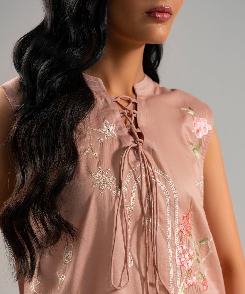Women's RTW Lawn Embroidered Pink Straight Shirt