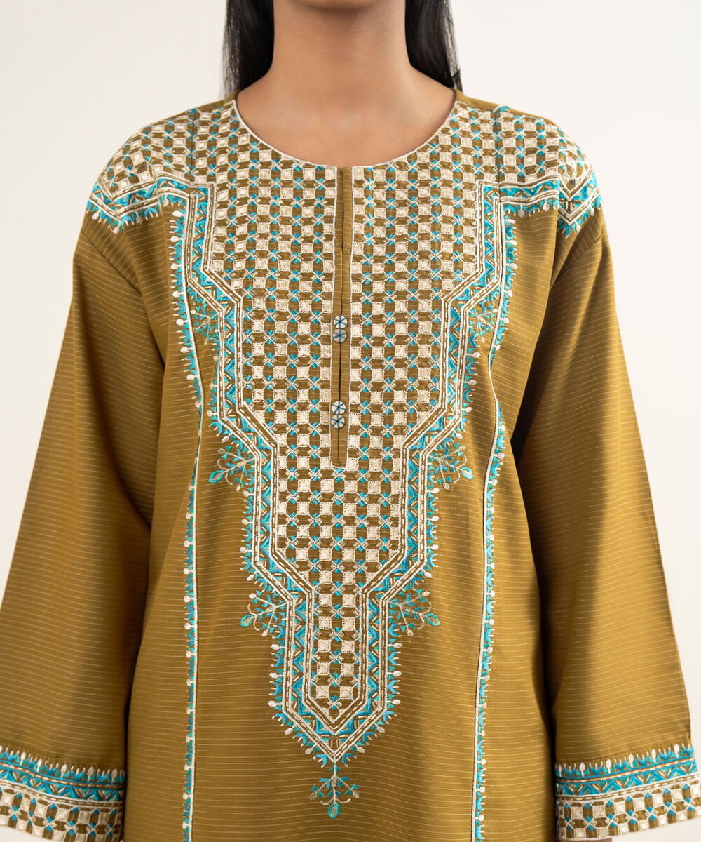 Women's RTW Fancy Textured Slub Embroidered Brown A-Line Shirt