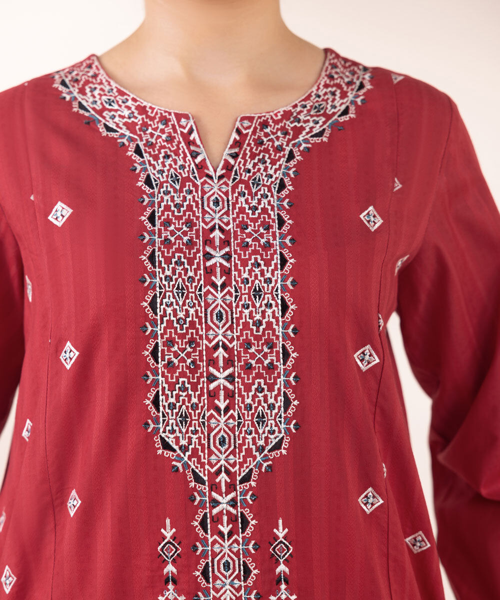 Women's Pret Dobby Red Embroidered A-Line Shirt