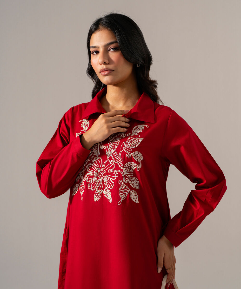 Women's RTW Cross Hatch Solid Embroidered Red Straight Shirt