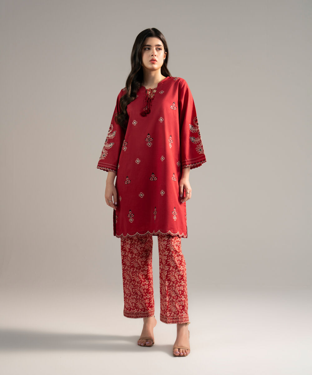 Women's RTW Cross Hatch Embroidered Red Straight Shirt