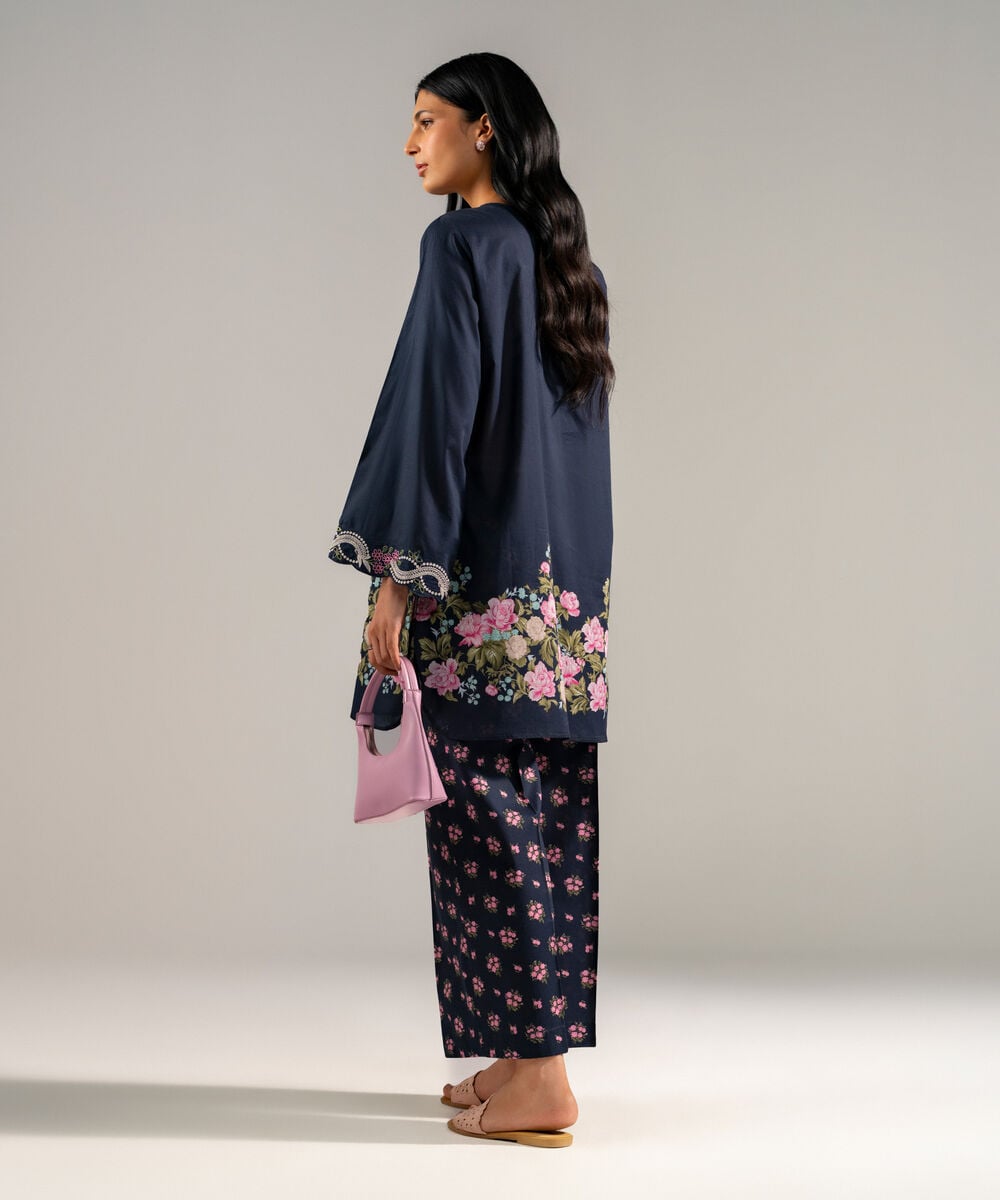 Women's RTW Lawn Embroidered Blue Straight Shirt