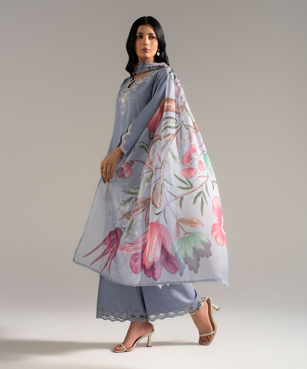 Women's RTW Dobby Crepe Embroidered Blue 3 Piece Suit
