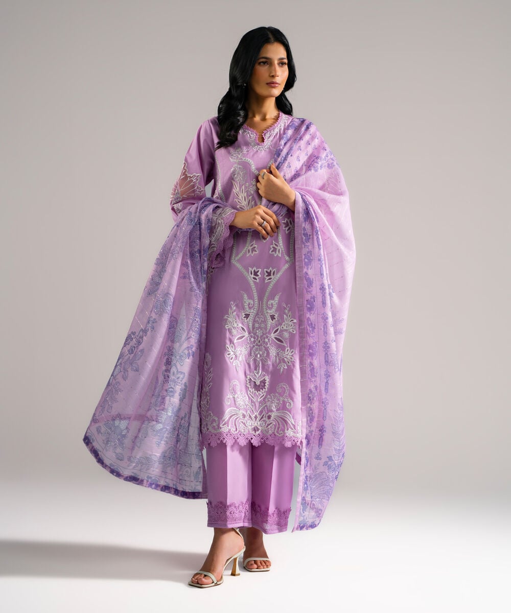 Women's RTW Lawn Embroidered Lilac 3 Piece Suit