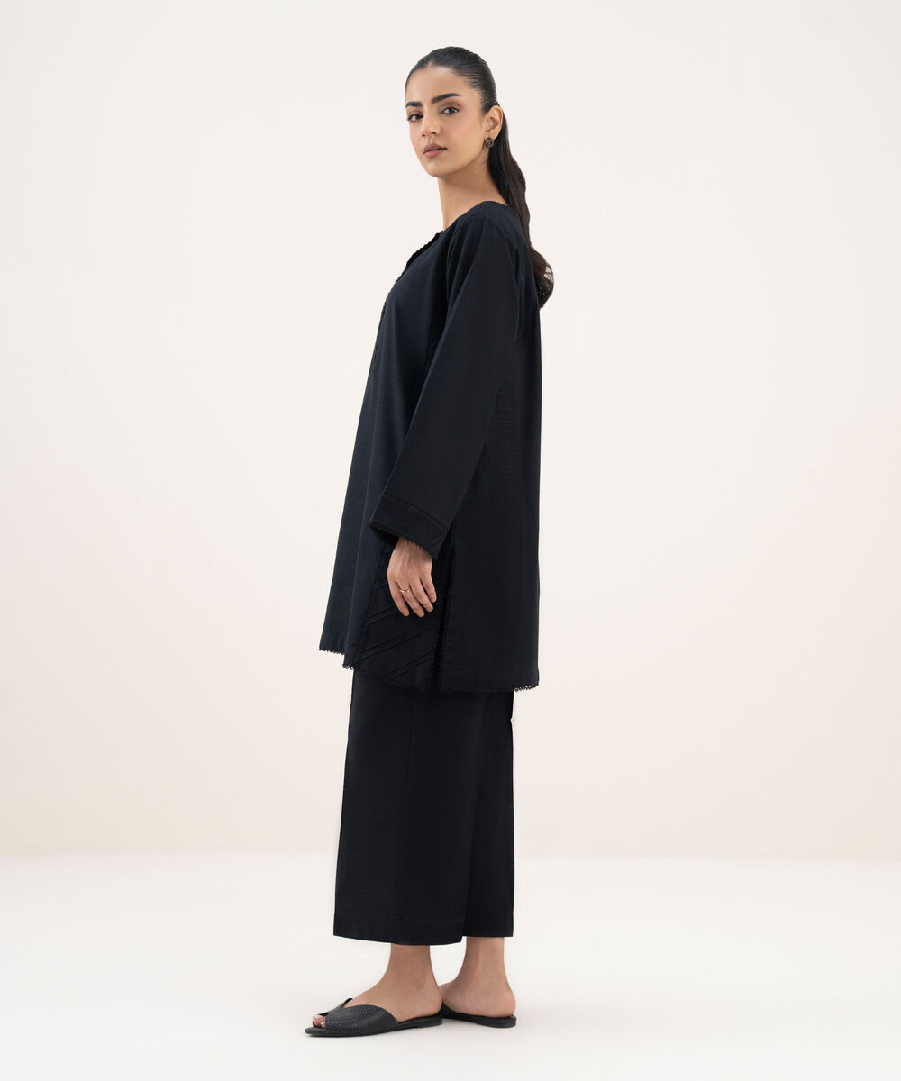Women's RTW Khaddar Solid Straight Black Shirt