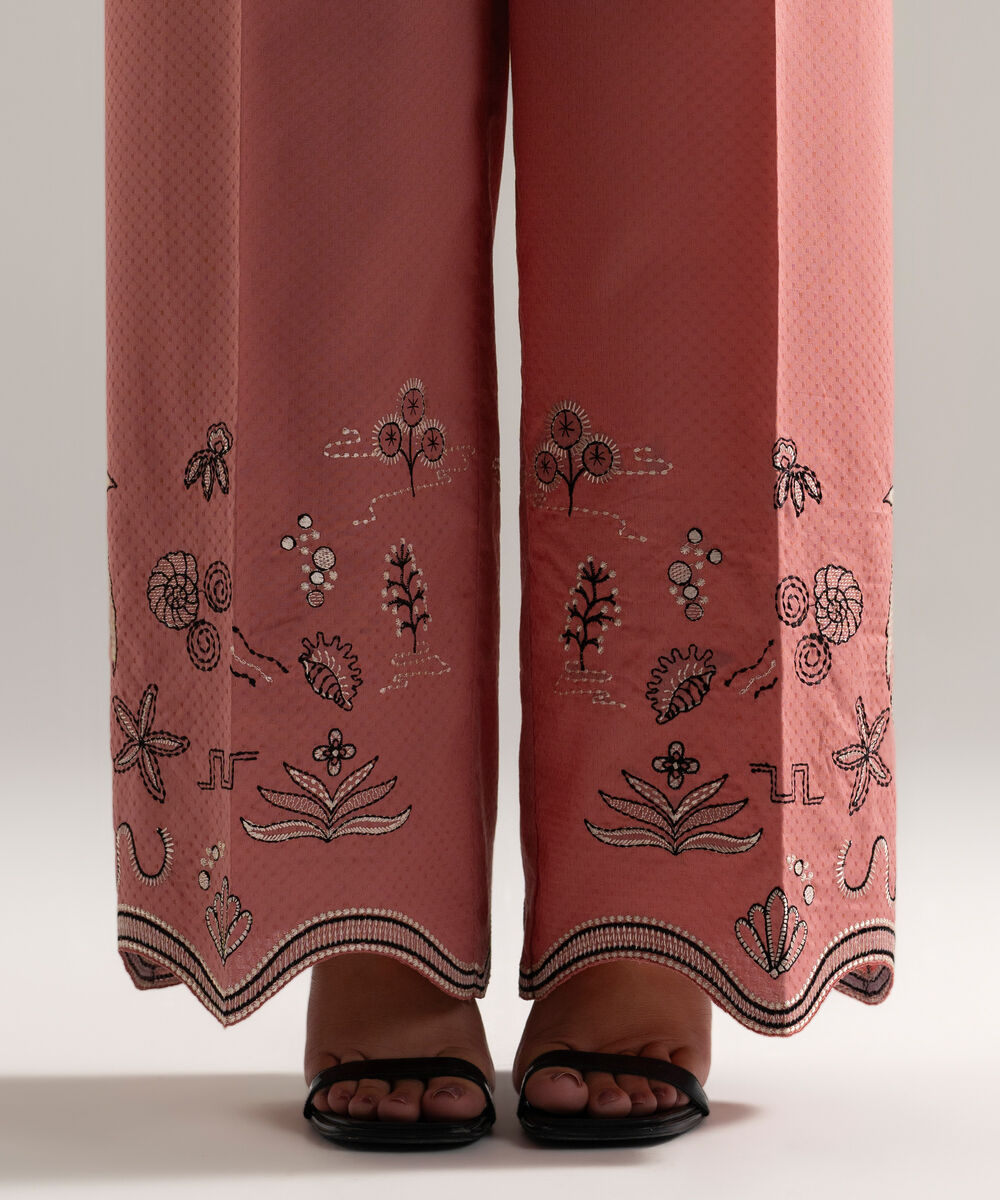 Women's RTW Dobby Embroidered Pink Straight Pants