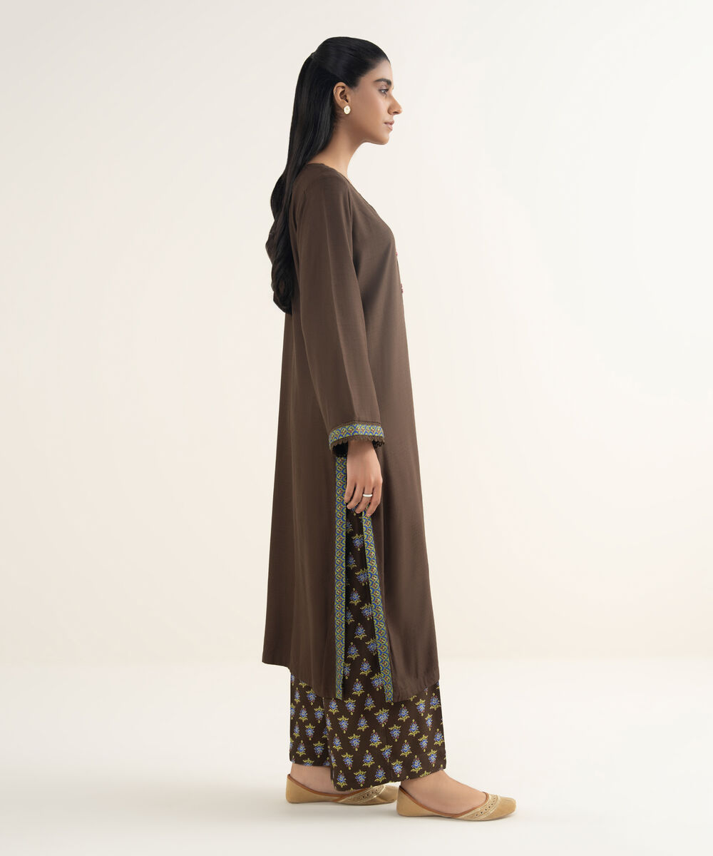Women's RTW Textured Viscose Solid Brown Straight Shirt