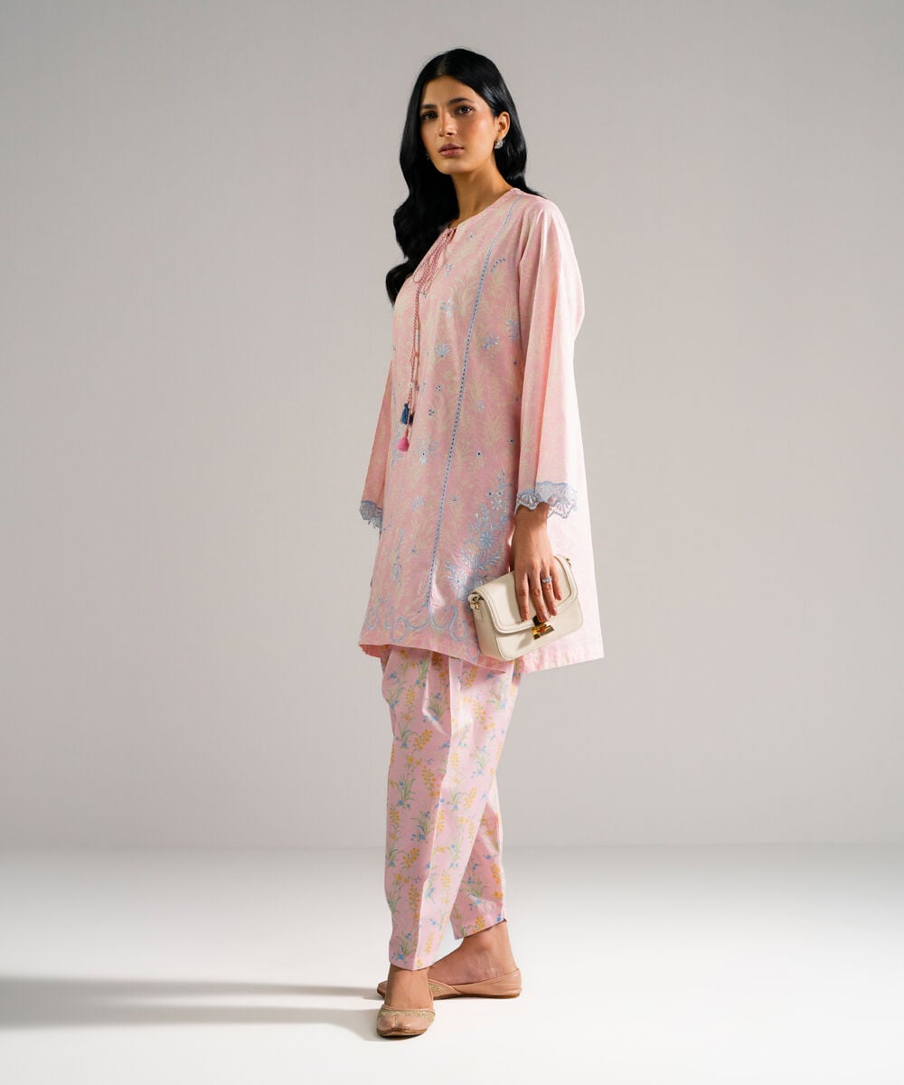 Women's RTW Lawn Embroidered Pink Straight Shirt