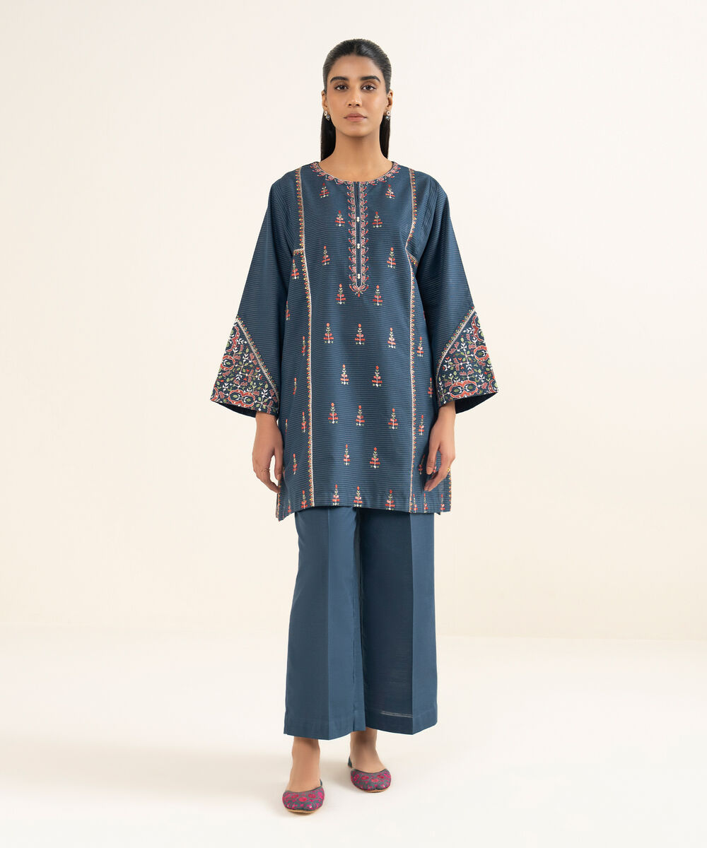 Women's RTW Zari Cotton Embroidered Straight Blue Shirt