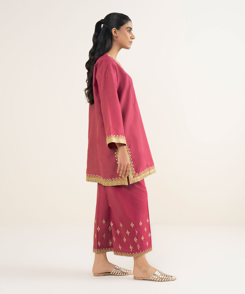 Women's RTW Fancy Textured Slub Embroidered Pink Drop Shoulder Shirt