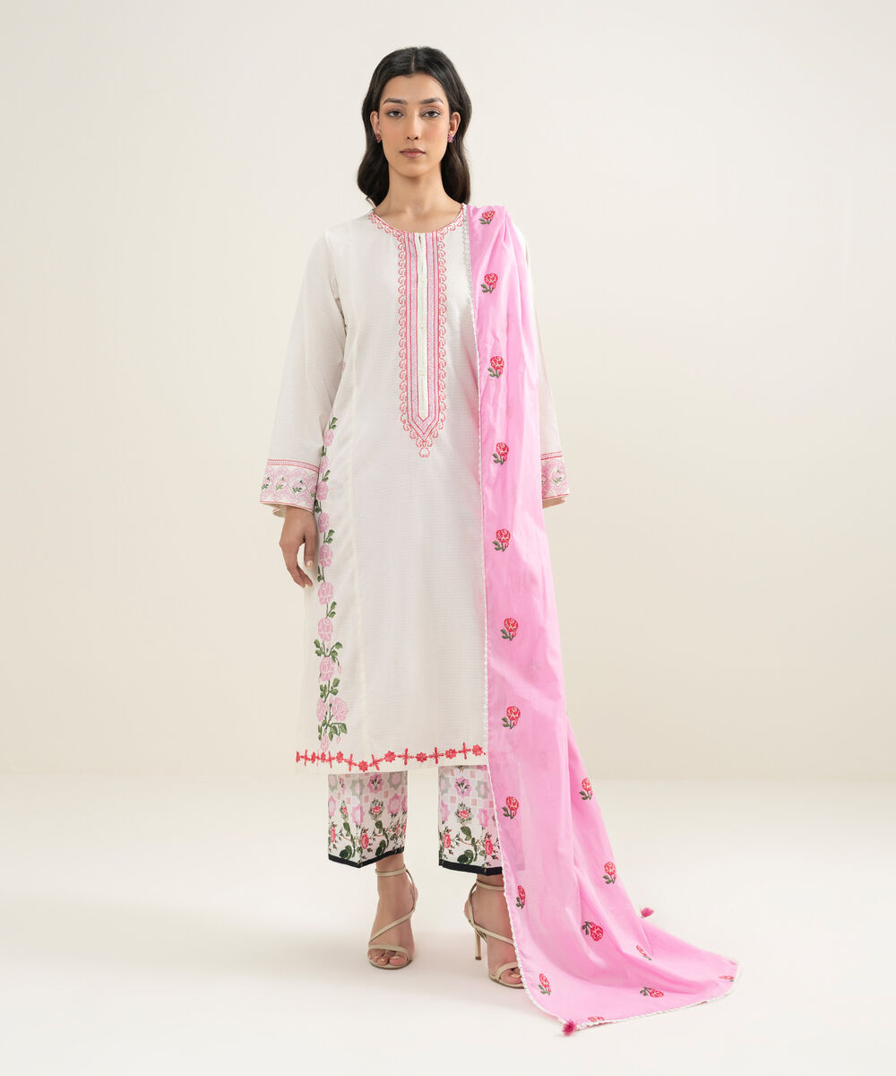 Women's RTW Dobby Embroidered Off White Straight Shirt