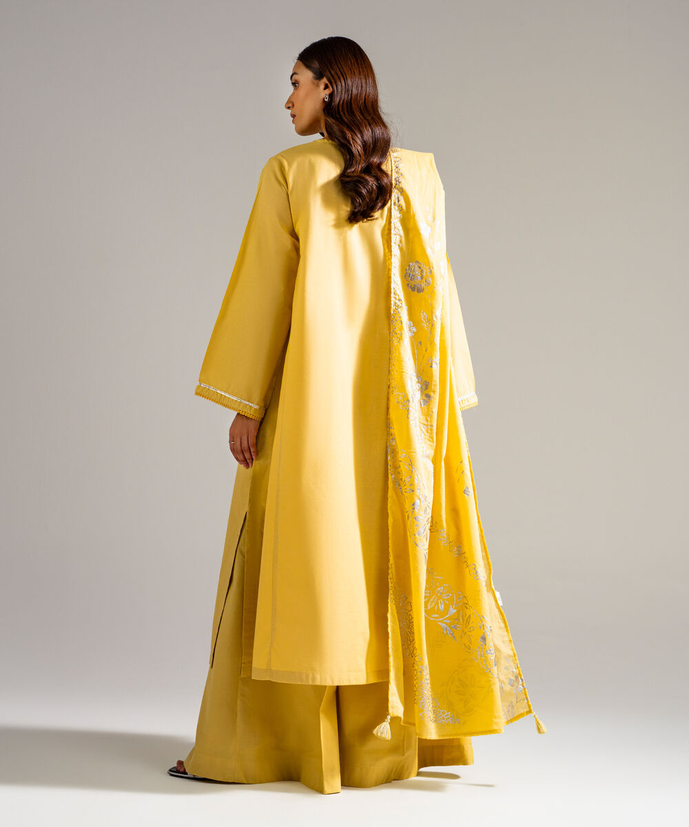 Women's RTW Slub Lawn Solid Yellow 3 Piece Suit