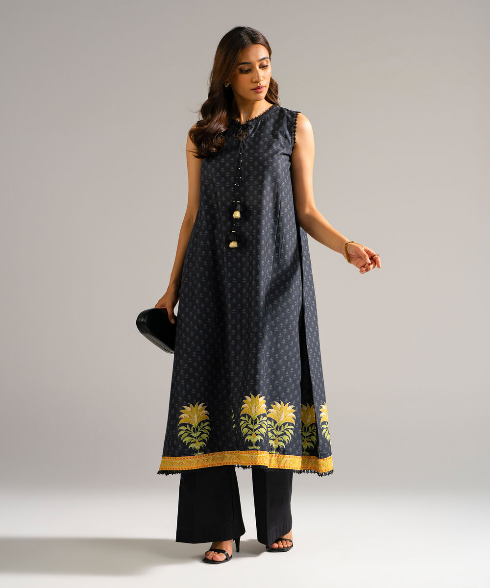 Women's RTW Slub Lawn Printed Black Flared Shirt