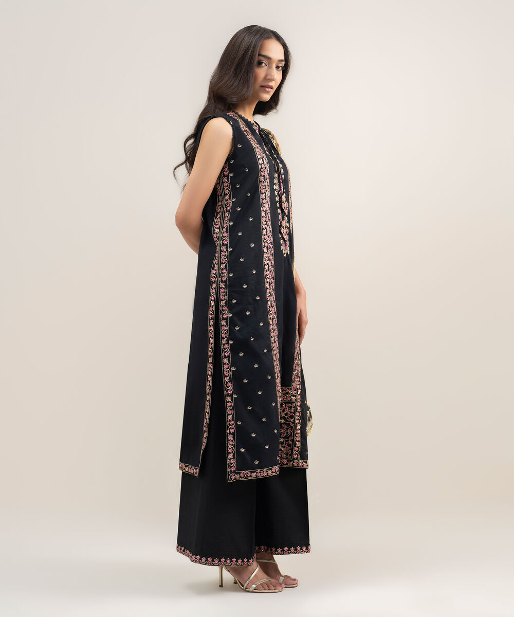 Women's RTW Dobby Embroidered Black 3 Piece Suit