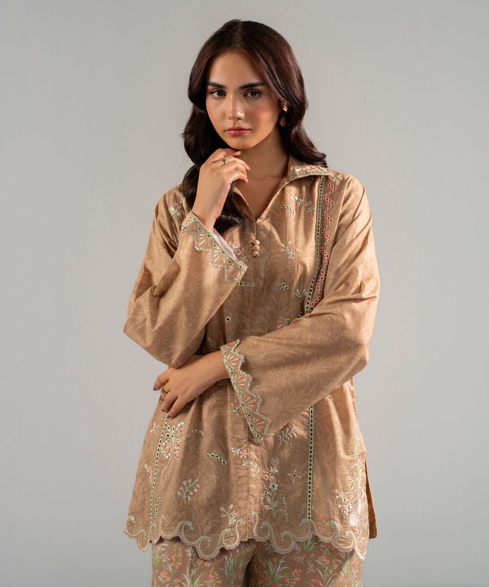 Women's RTW Lawn Embroidered Dark Beige Straight Shirt