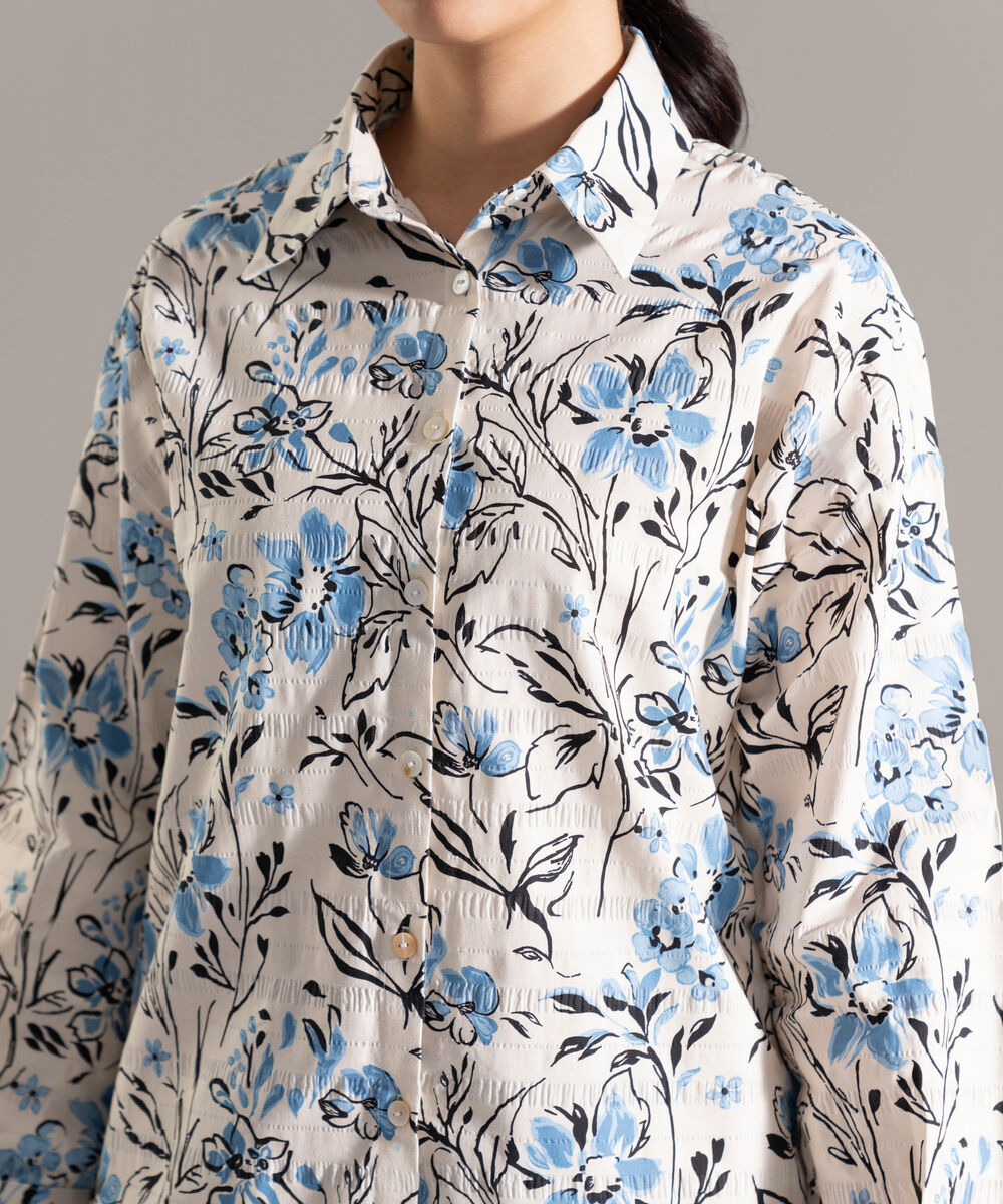 Women's RTW Seersucker Printed White 2 Piece Suit