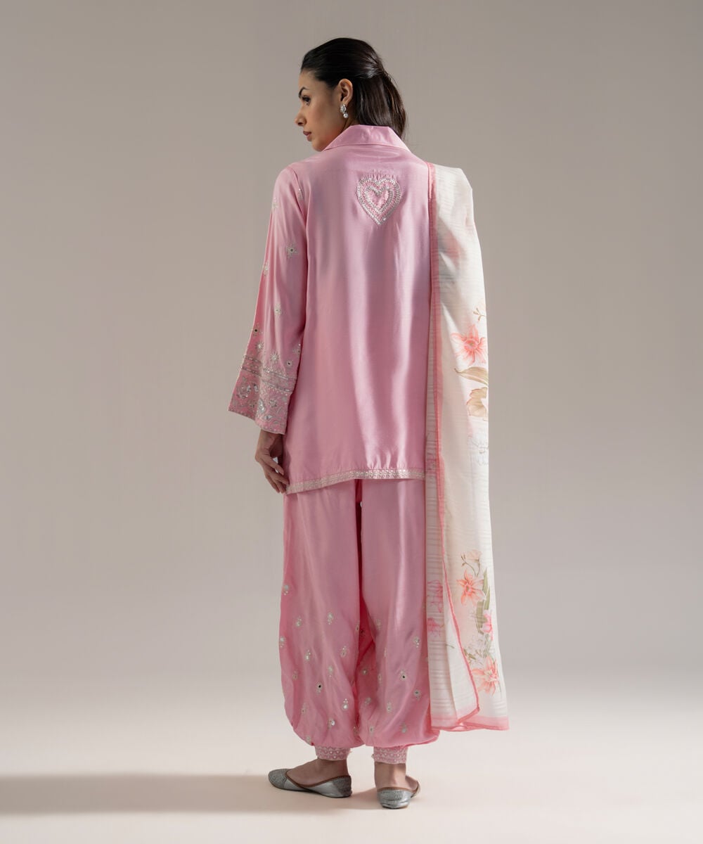 Women's RTW Solid Embroidered Pink Plain Silk 3 Piece Suit