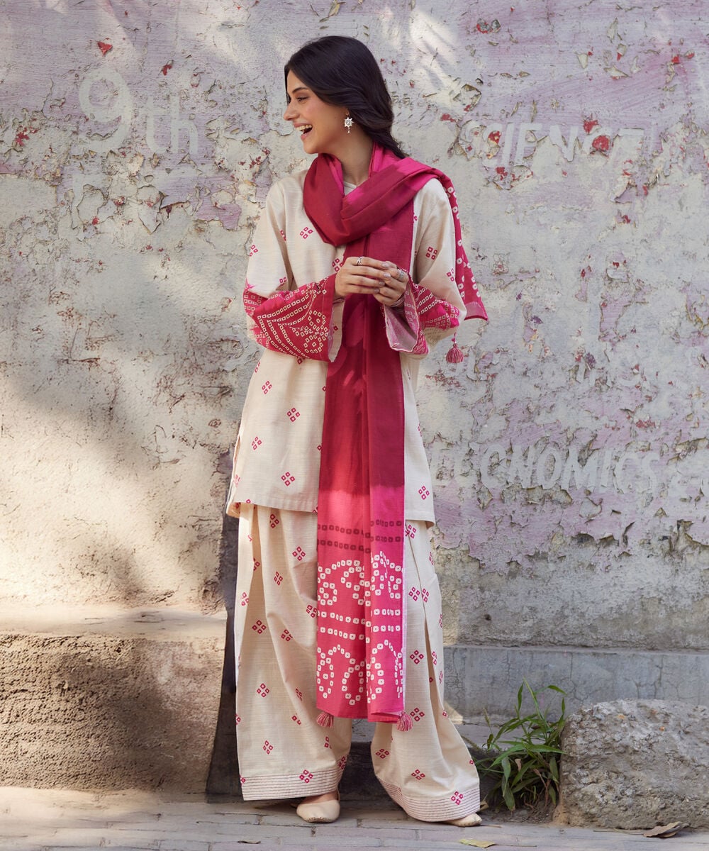 Women's RTW Khaddar Printed Off White 3 Piece Suit