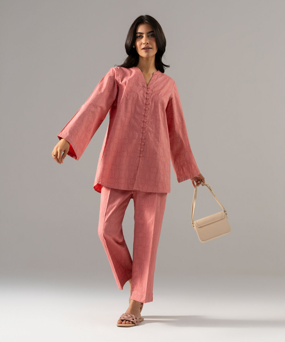 Women's RTW Textured Cotton Solid Pink 2 Piece Suit