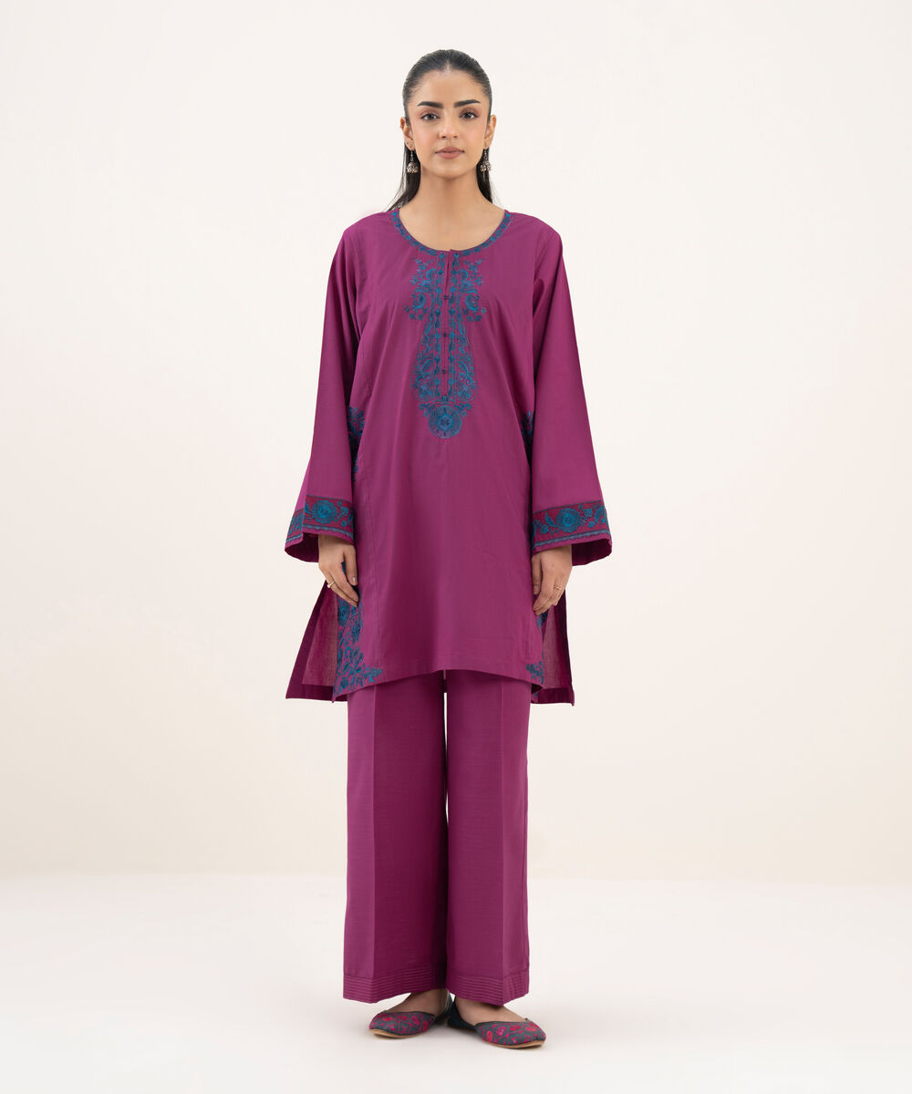 Women's RTW Zari Cotton Embroidered A-Line Pink Shirt