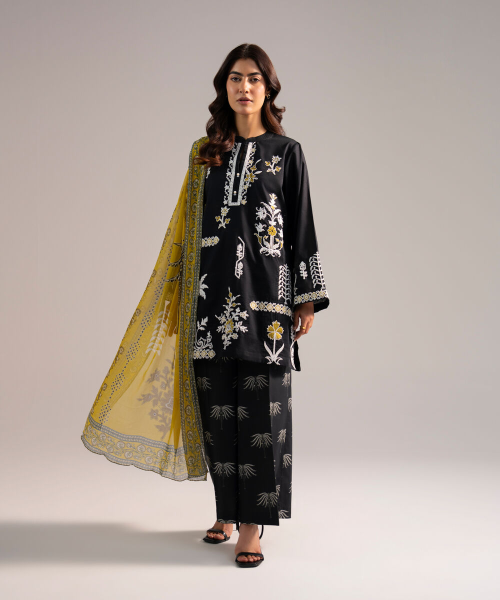 Women's RTW Dobby Embroidered Black 3 Piece Suit