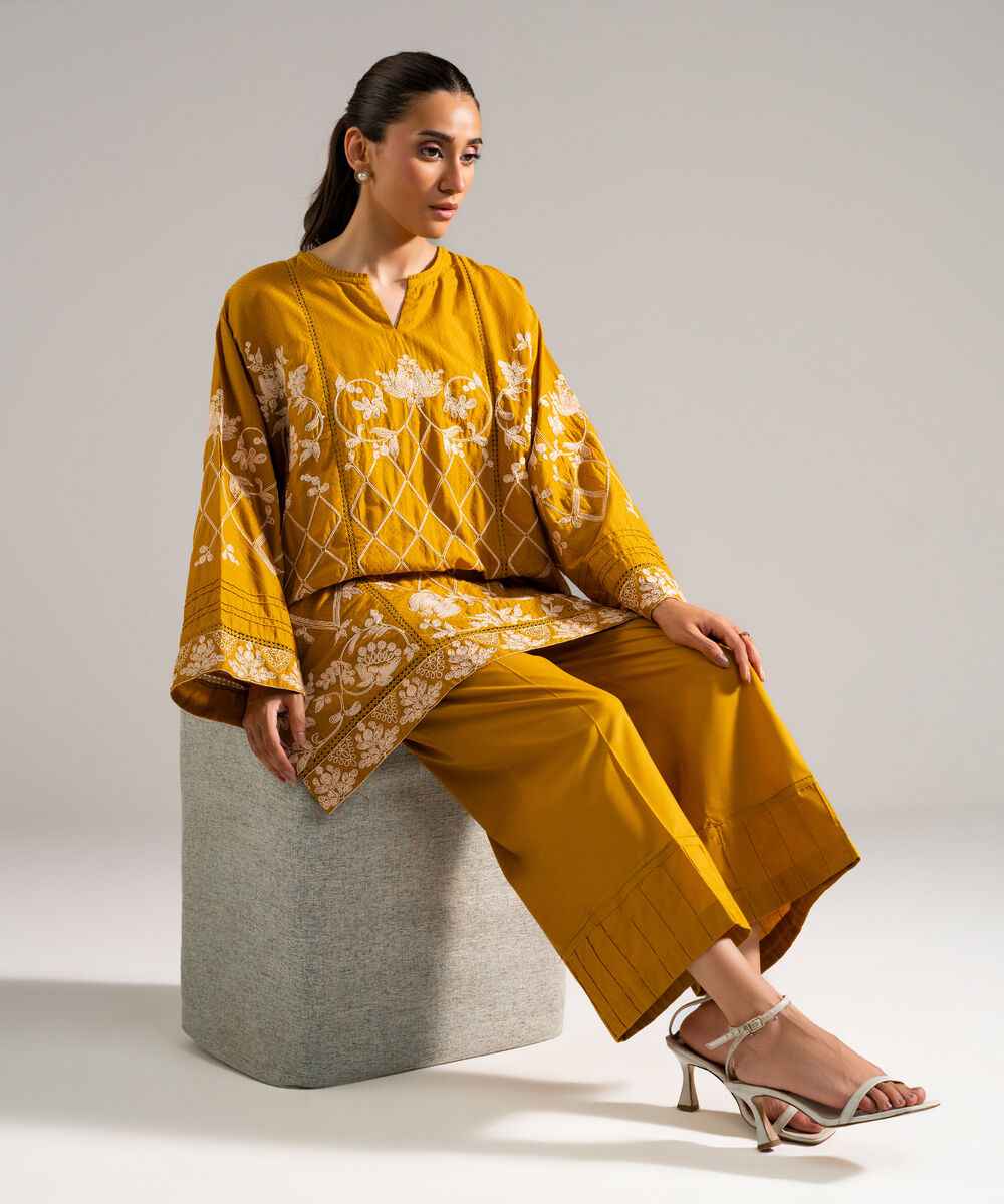 Women's RTW Dobby Embroidered Mustard Yellow 2 Piece Suit