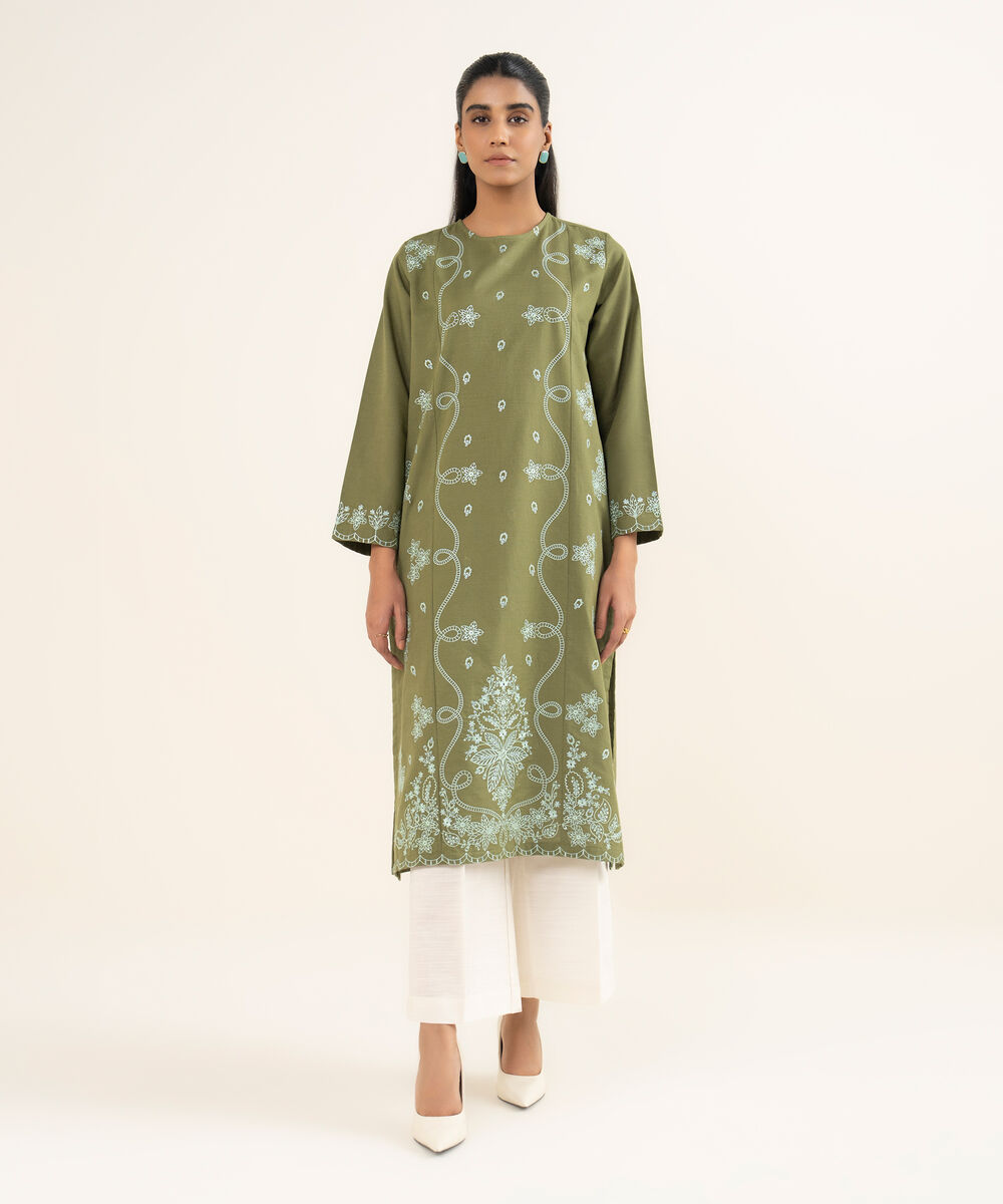 Women's RTW Light Khaddar Embroidered Green A-Line Shirt