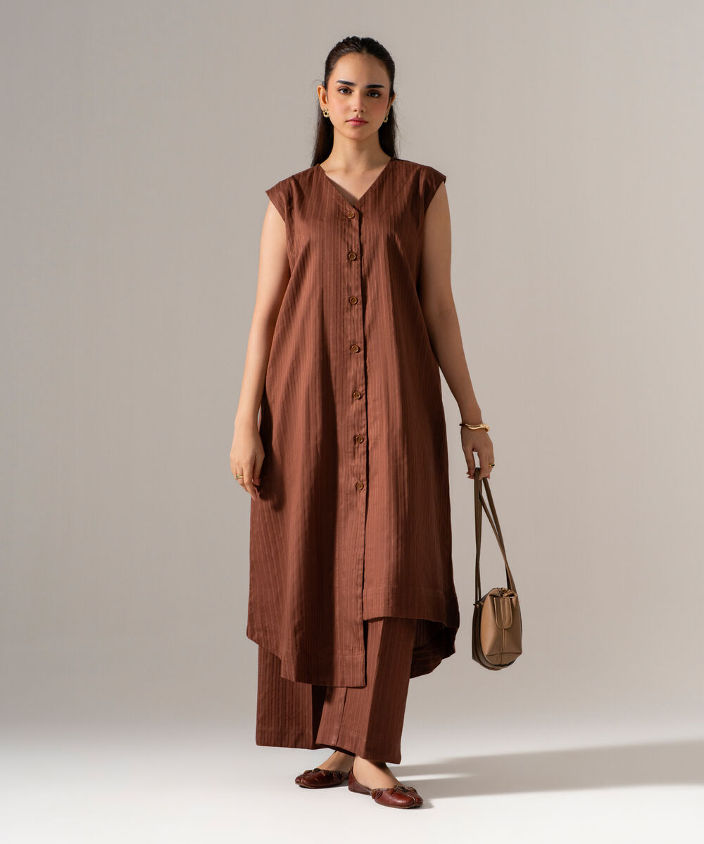 Women's RTW Dobby Strip Solid Brown 2 Piece Suit