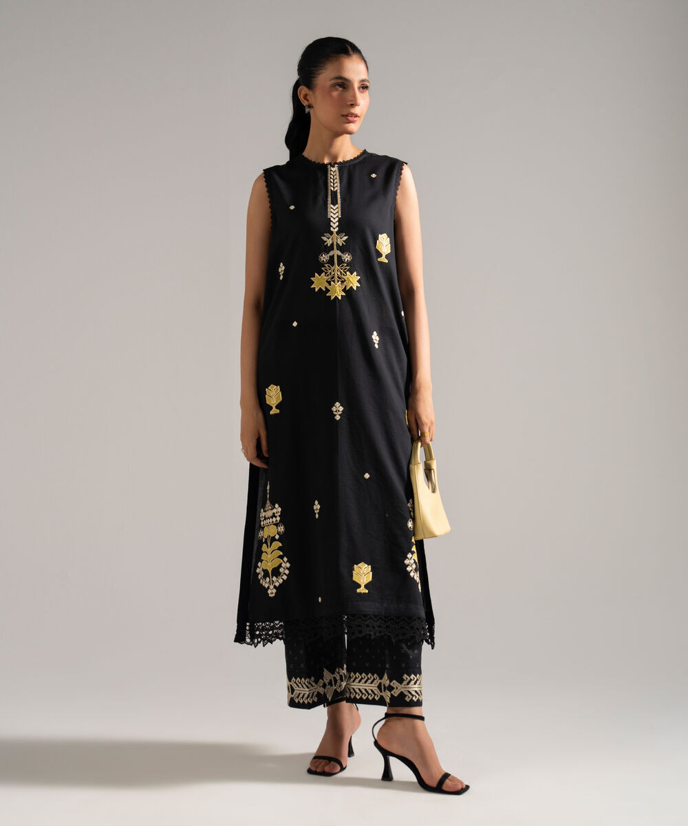 Women's RTW Dobby Embroidered Black 2 Piece Suit