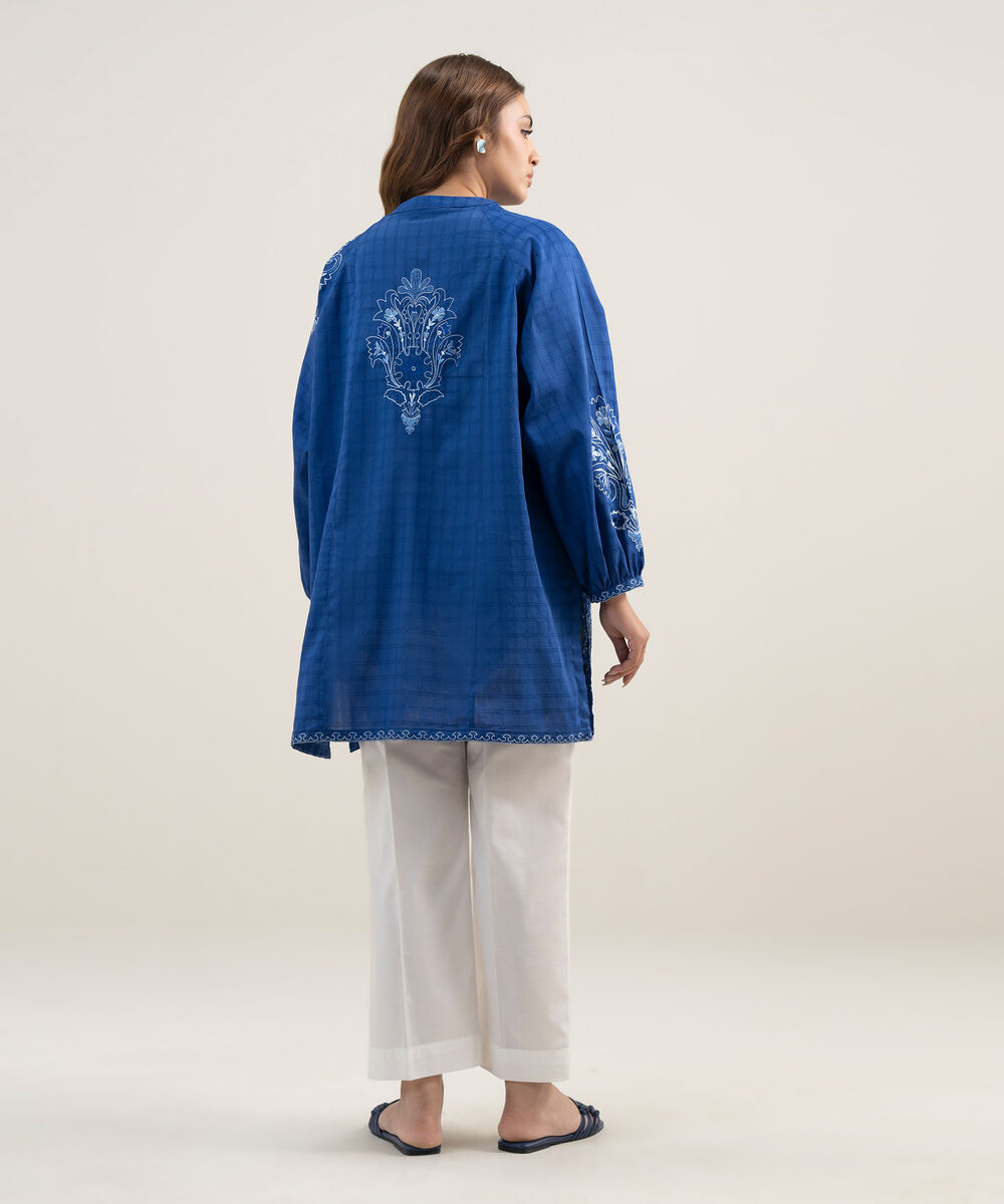 Women's RTW Dobby Embroidered Dark Blue Drop Shoulder Shirt