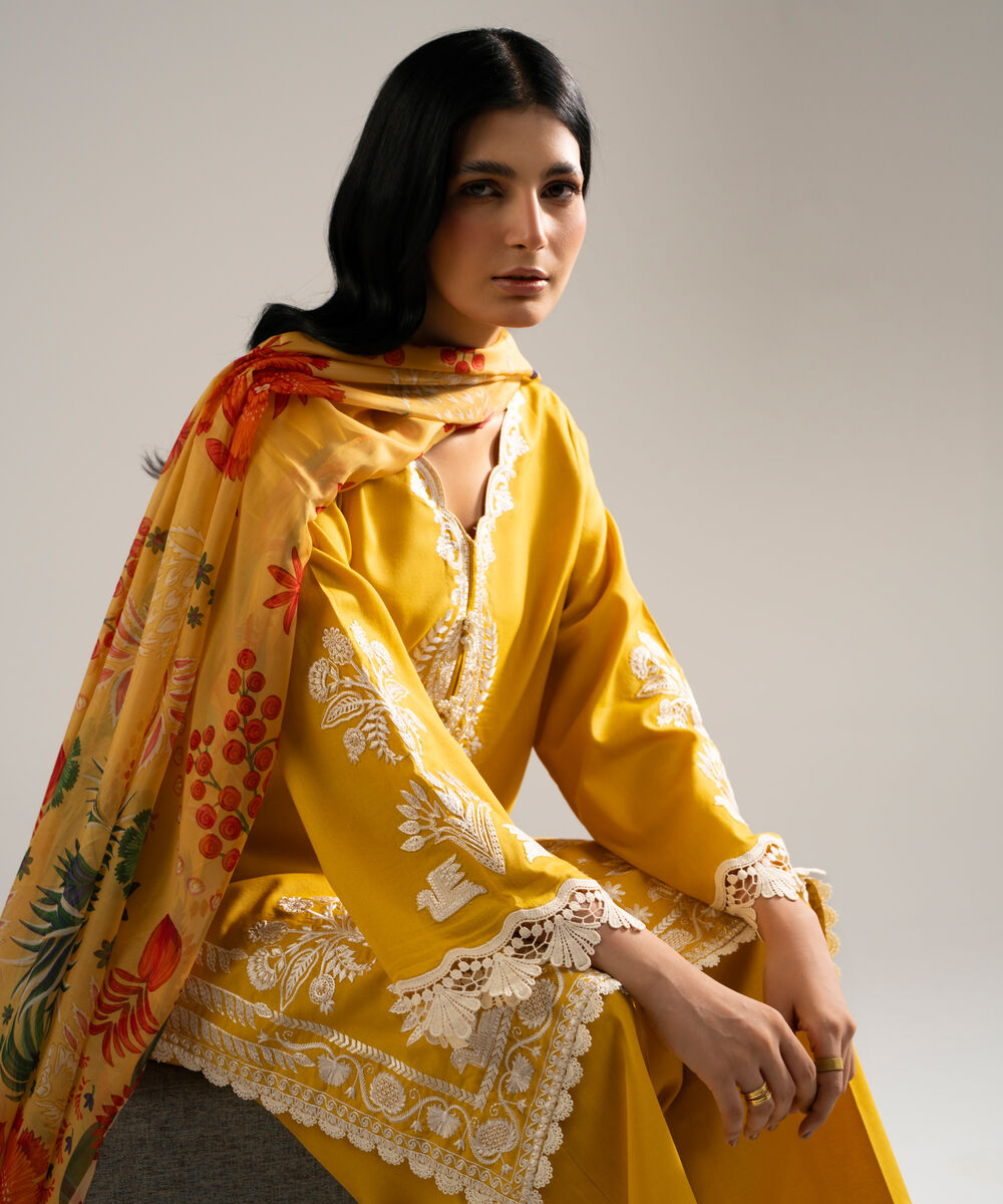 Women's RTW Dobby Crepe Embroidered Yellow 3 Piece Suit