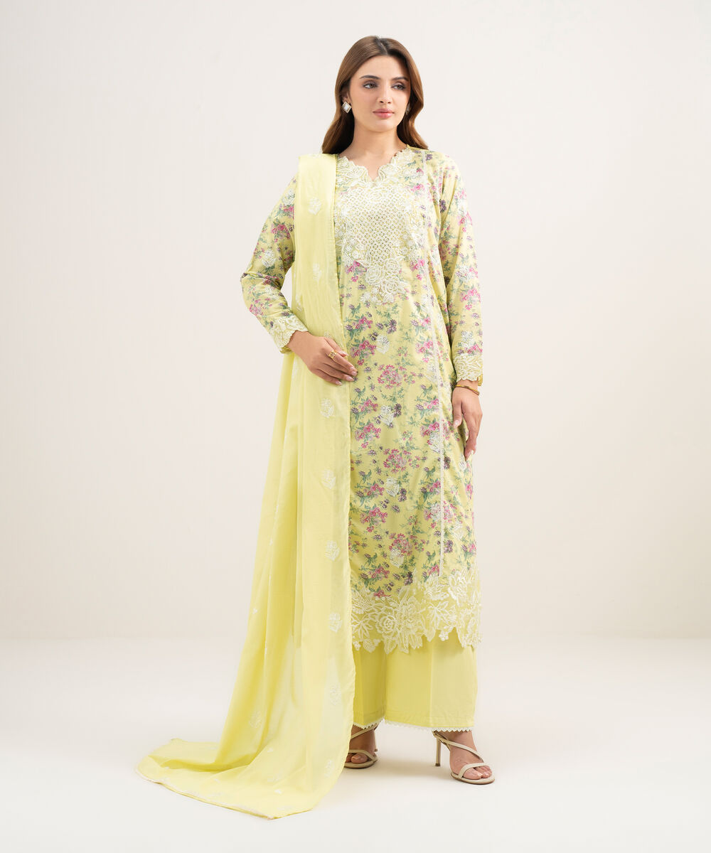 Women's RTW Lawn Embroidered Yellow A-Line Shirt