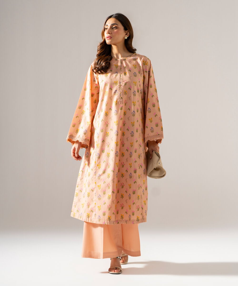 Women's RTW Printed Regular Khaddar Peach Shirt and Trousers