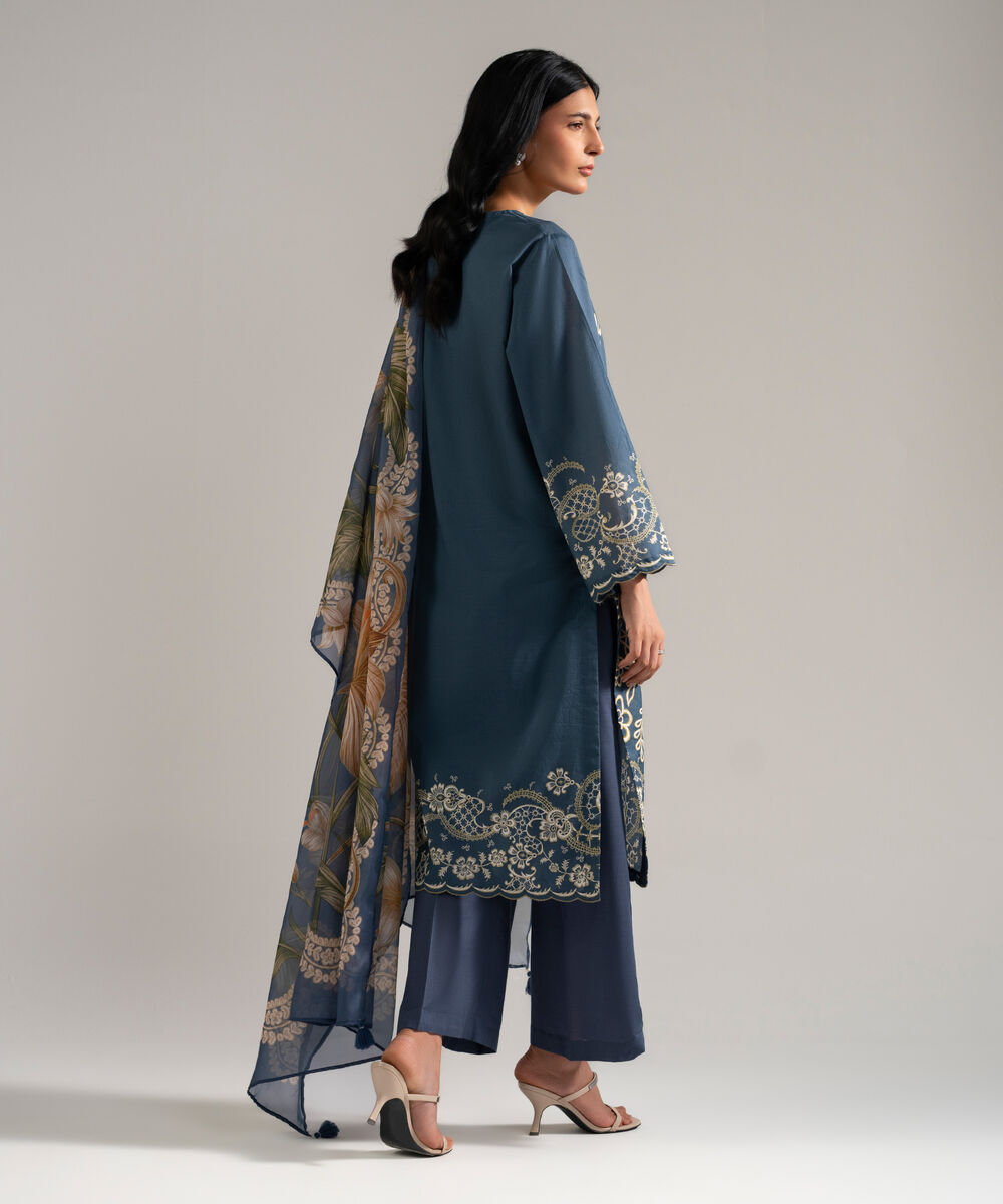 Women's RTW Slub Lawn Printed Blue 3 Piece Suit
