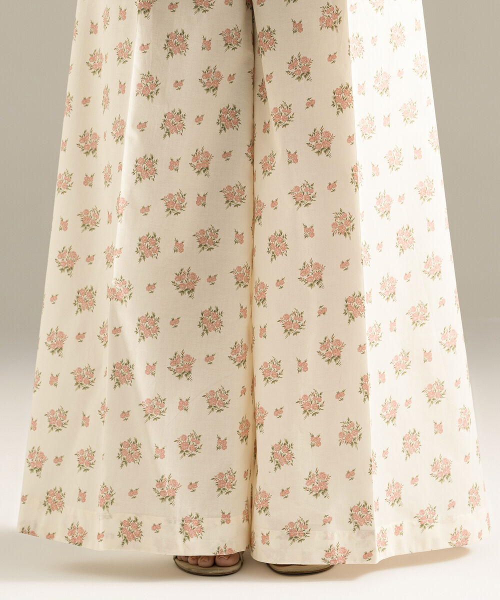 Women's RTW Cambric Printed Off White Flared Pants